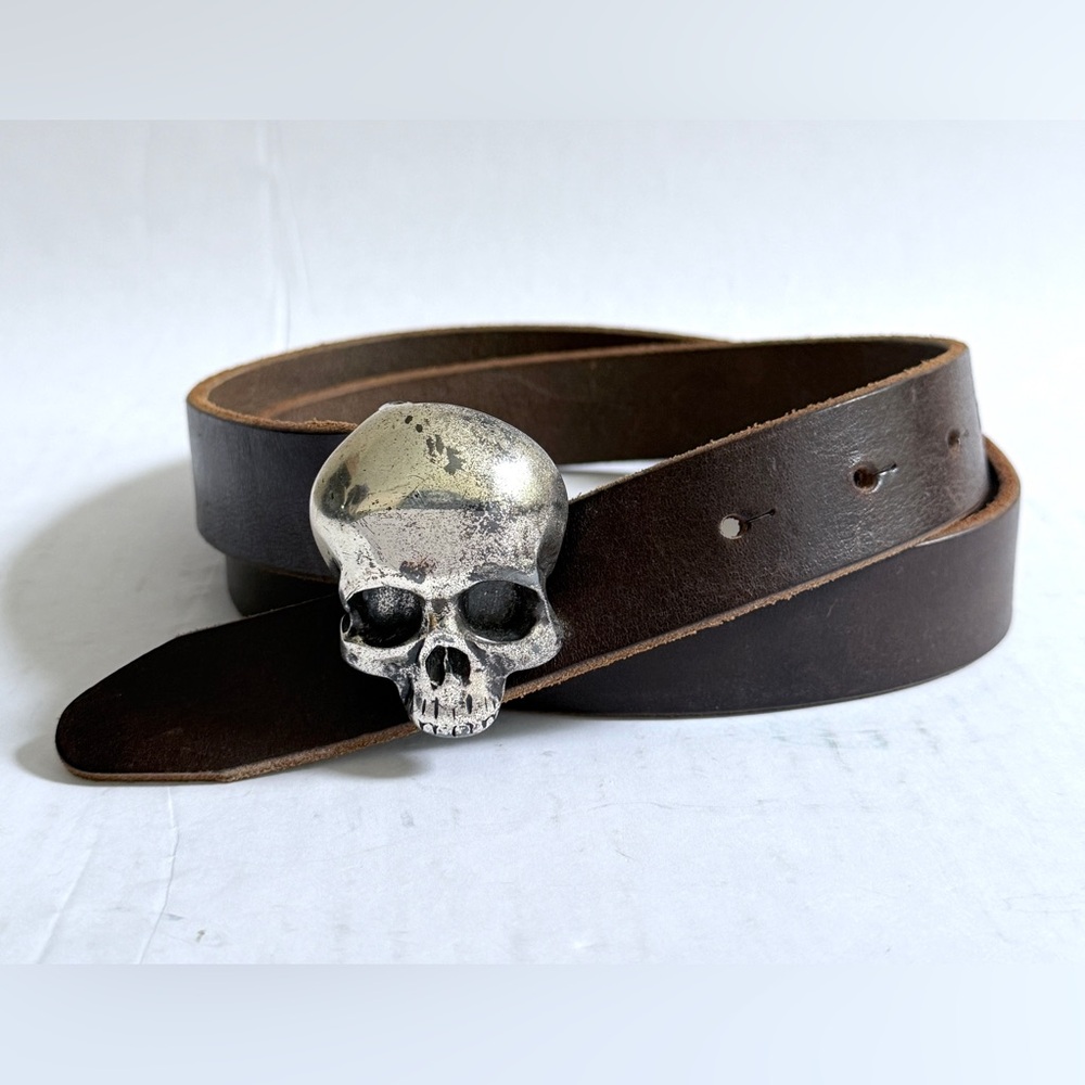 Vintage Brave Silver Skull Brown Leather Belt Italy Size 34